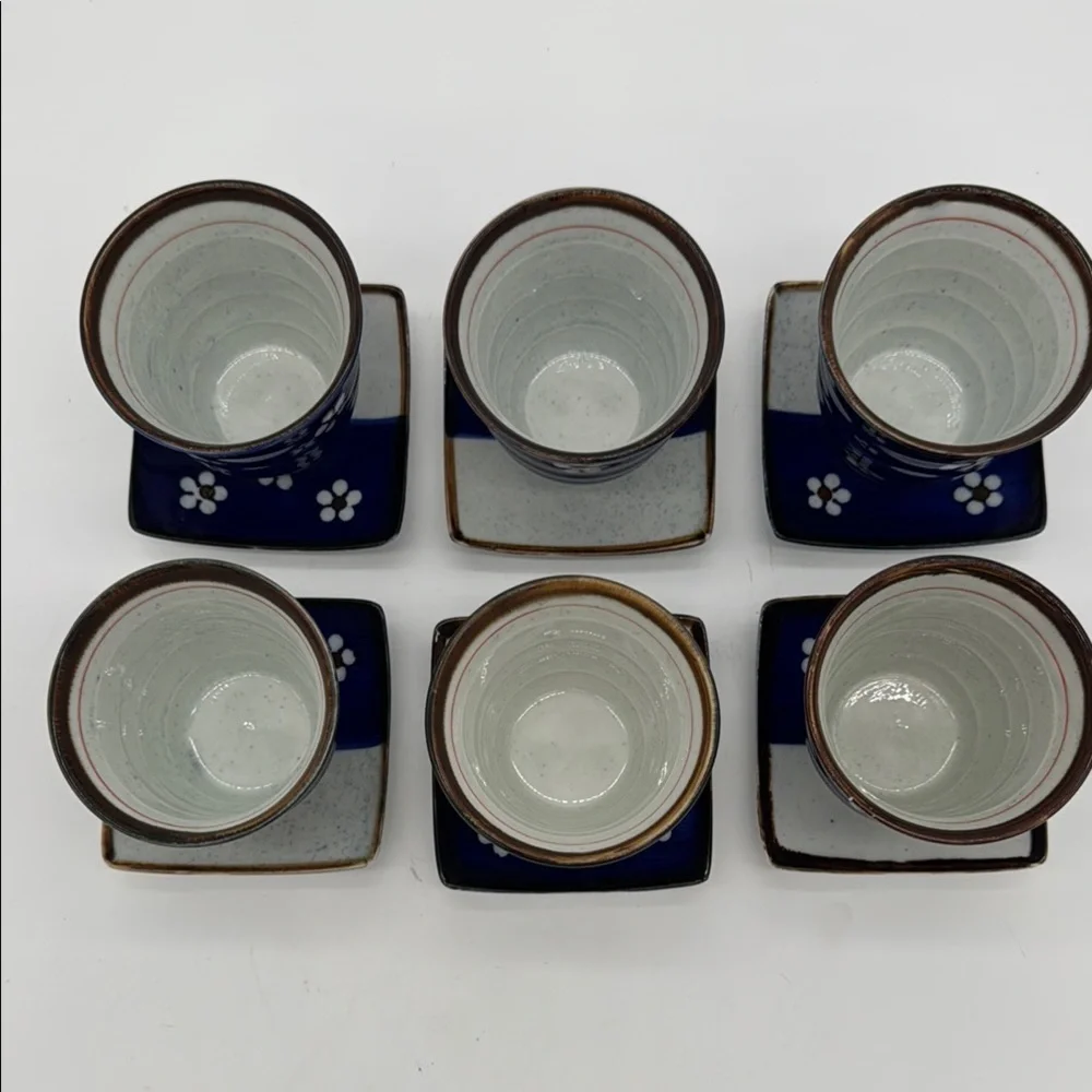 Japanese Saki Tea Set 12 Piece Set of 6 Blue Floral Teacups with Saucers